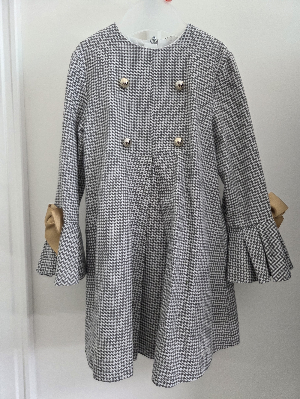 Girls Black & White Houndstooth Dress with Gold Bow Detail 5